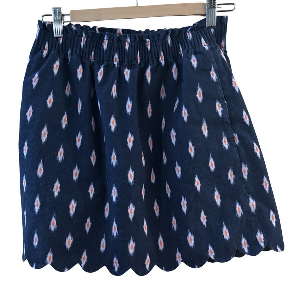 J Crew Factory Linen Cotton Blend Paper bag Skirt Sz 4 Scalloped Hem Blue Ikat - Picture 3 of 4